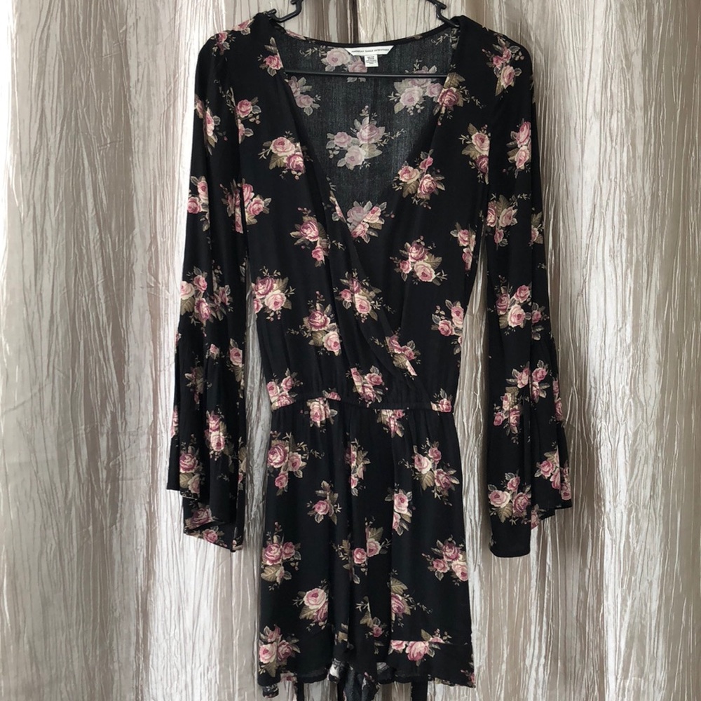 Black and pink floral long sleeve romper